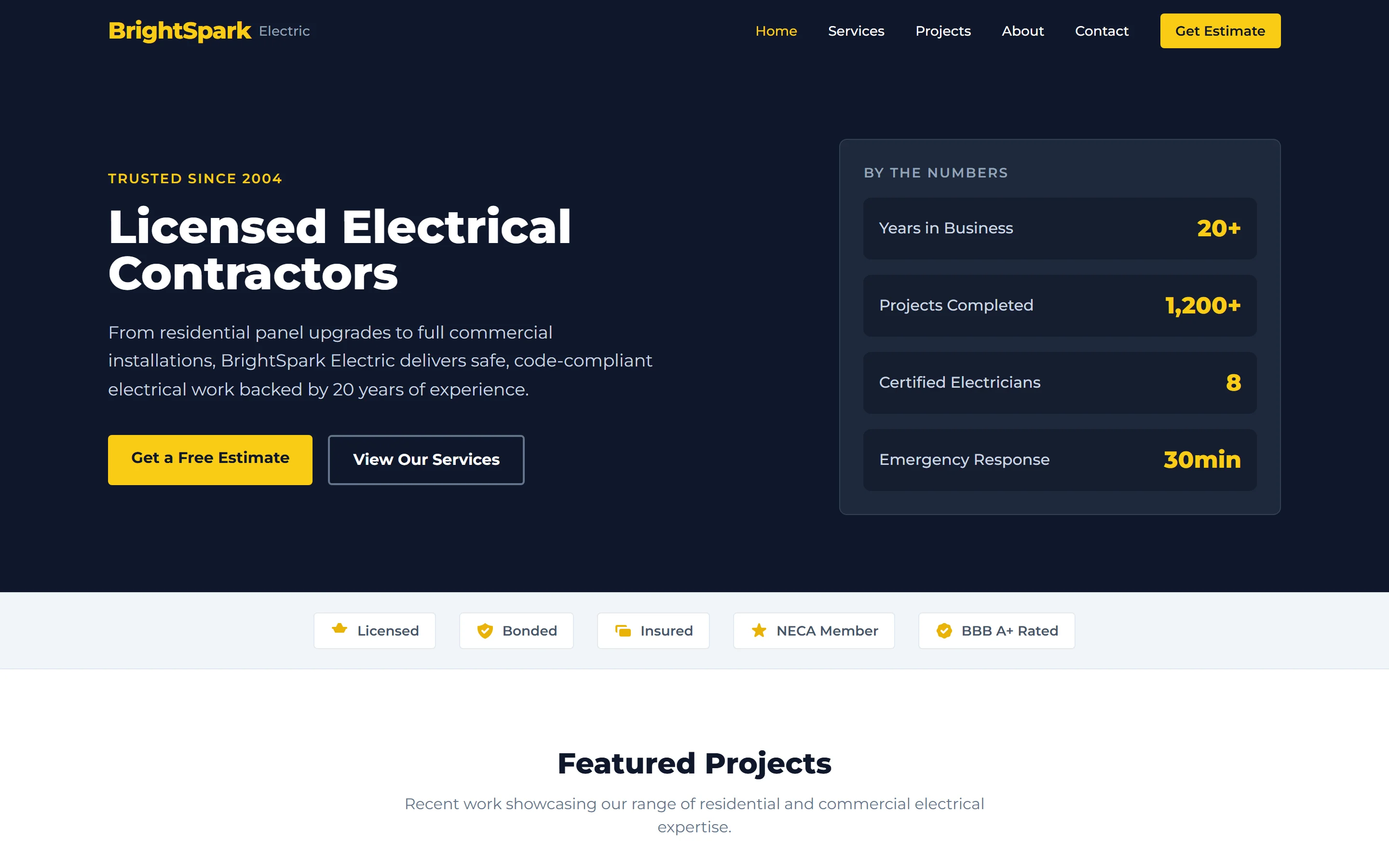 Landing page built for an electrician ad campaign